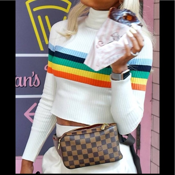 Stylish Form Fitted Crop Rainbow Striped Rib Knit Neck Cuffs Long Sleeve Sweater - Picture 3 of 5